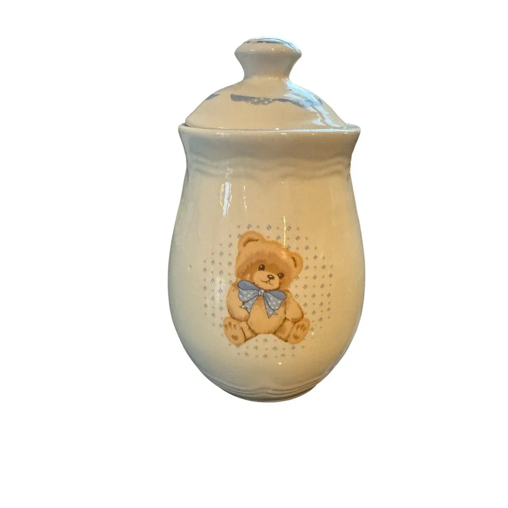 Tienshan‎ Stoneware Teddy Bear Canister Jar with Lid Blue Bow Cream Vintage 6.5